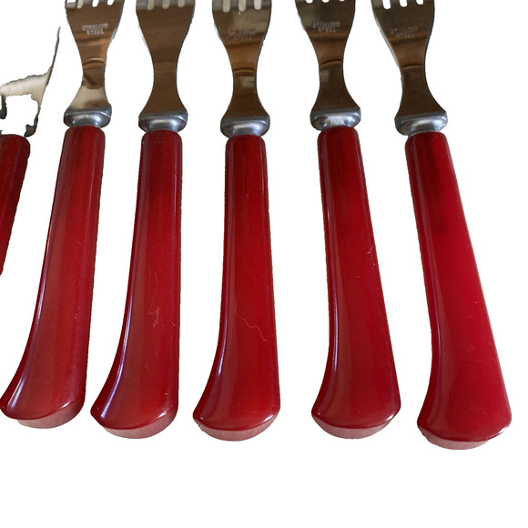 Vintage RED Bakelite Handle Silverware 11 Utensils Knives & Forks Flatware - Picture 5 of 13
